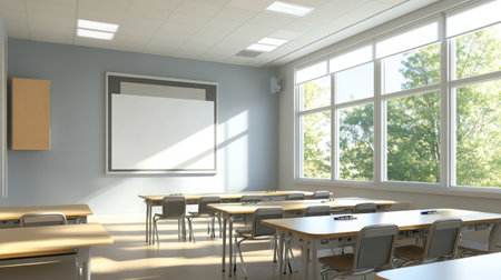 Empty classroom with a smart board, stylus pens on the tray, and no sign of recent activityの素材