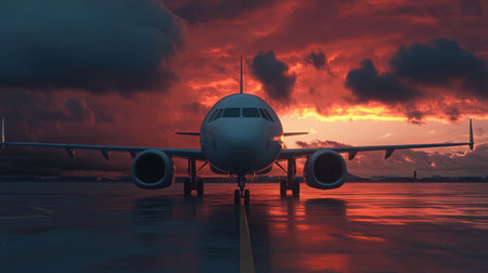 parked commercial airplane at the gate under a dramatic sunset sky at an empty airport tarmacの素材
