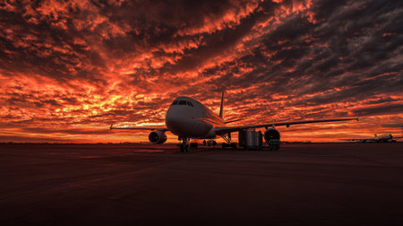 parked commercial airplane at the gate under a dramatic sunset sky at an empty airport tarmacの素材
