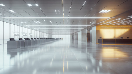 Wide shot of a modern airport terminal interior with empty check-in counters and clean, polished floorsの素材