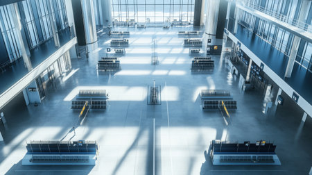 Overhead view of a modern airport concourse with vacant gates and parked aircraft, no visible human activityの素材