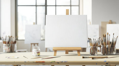Clean and tidy art room with blank canvases, paintbrushes in jars, and no students aroundの素材