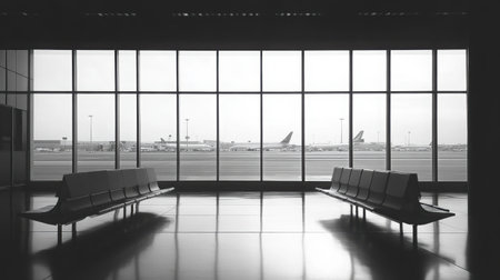 Minimalist shot of an empty airport gate lounge with large windows overlooking airplanes outsideの素材