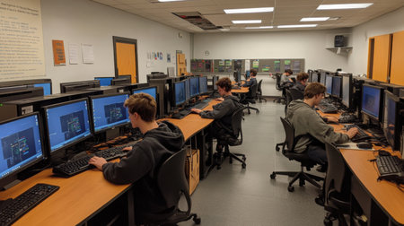 Computer science classroom with dual monitors at every station and no users in sightの素材