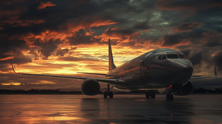 parked commercial airplane at the gate under a dramatic sunset sky at an empty airport tarmacの素材