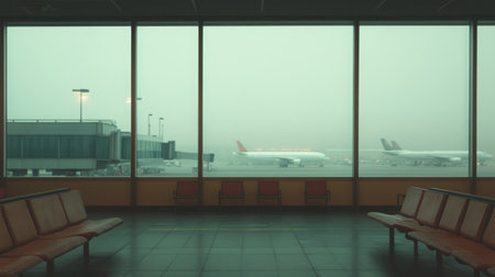 Minimalist shot of an empty airport gate lounge with large windows overlooking airplanes outsideの素材