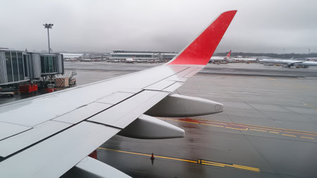 Shot of an airplane wing from the terminal window, with no passengers or ground crew visibleの素材