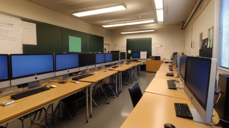 Computer science classroom with dual monitors at every station and no users in sightの素材