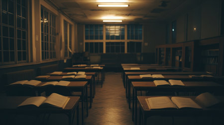 After-hours classroom with dim lighting, open books left on desks, and a silent, eerie atmosphereの素材