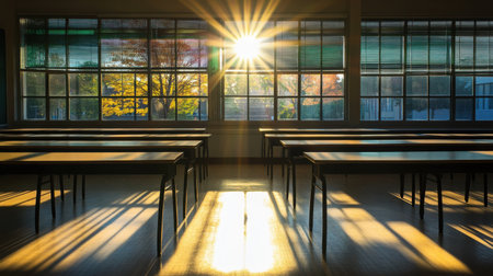 Early morning light shining into a classroom through blinds, casting long shadows across empty desksの素材