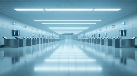 Wide shot of a modern airport terminal interior with empty check-in counters and clean, polished floorsの素材