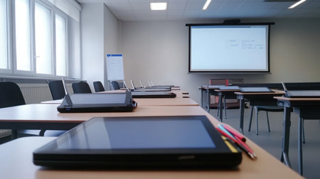 Empty classroom with a smart board, stylus pens on the tray, and no sign of recent activityの素材