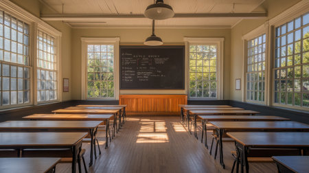 Empty classroom with rows of wooden desks and a chalkboard, sunlight streaming through tall windowsの素材