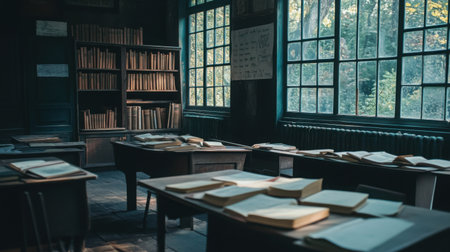 After-hours classroom with dim lighting, open books left on desks, and a silent, eerie atmosphereの素材