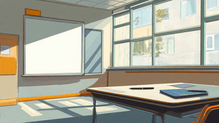 Empty classroom with a smart board, stylus pens on the tray, and no sign of recent activityの素材