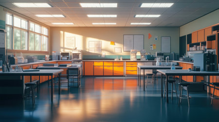Empty science lab classroom with lab stations, stools, and equipment, brightly lit by ceiling lightsの素材