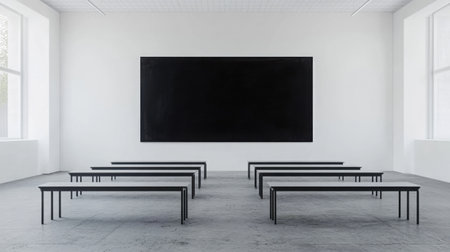 Minimalist classroom with white walls, blackboard, and simple metal desks in perfect alignmentの素材