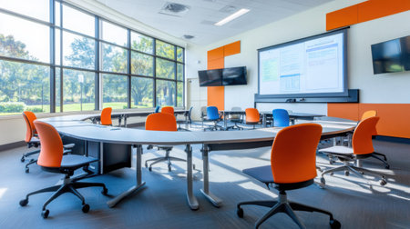 Modern classroom with ergonomic chairs, whiteboards, and digital screens, completely vacantの素材