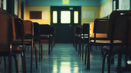 Evening view of a classroom from the hallway, dimly lit with empty chairs and closed textbooksの素材