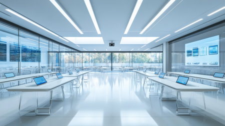 Interior of a modern classroom with glass walls and digital tablets on every desk, completely emptyの素材