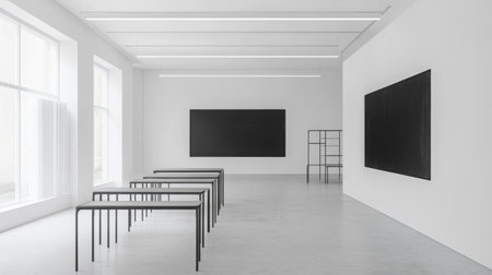 Minimalist classroom with white walls, blackboard, and simple metal desks in perfect alignmentの素材