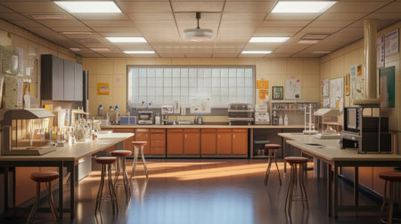 Empty science lab classroom with lab stations, stools, and equipment, brightly lit by ceiling lightsの素材