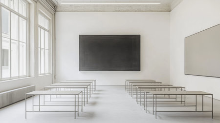 Minimalist classroom with white walls, blackboard, and simple metal desks in perfect alignmentの素材