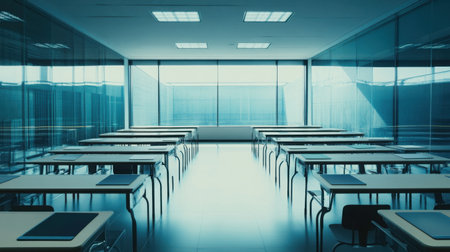 Interior of a modern classroom with glass walls and digital tablets on every desk, completely emptyの素材