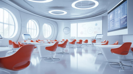 Modern classroom with ergonomic chairs, whiteboards, and digital screens, completely vacantの素材