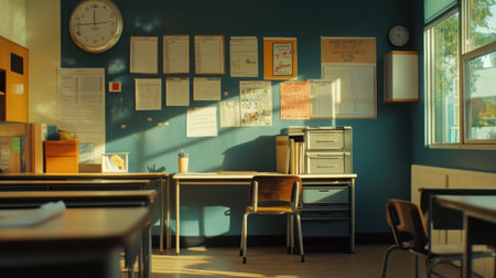 Neatly arranged high school classroom with motivational posters and an untouched teacher deskの素材