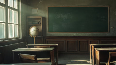 Vintage classroom with old wooden desks, globe on the shelf, and a green chalkboard, empty and quietの素材