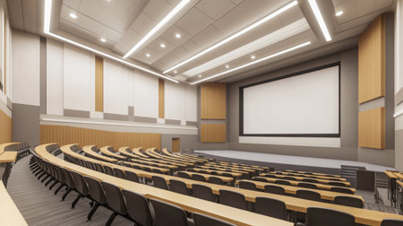 University lecture hall with tiered seating, empty desks, and a large projection screen up frontの素材