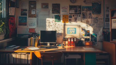 Neatly arranged high school classroom with motivational posters and an untouched teacher deskの素材