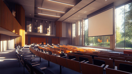University lecture hall with tiered seating, empty desks, and a large projection screen up frontの素材