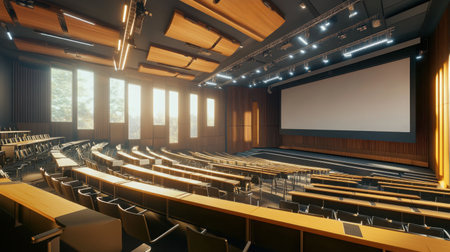 University lecture hall with tiered seating, empty desks, and a large projection screen up frontの素材