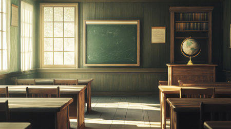 Vintage classroom with old wooden desks, globe on the shelf, and a green chalkboard, empty and quietの素材