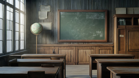 Vintage classroom with old wooden desks, globe on the shelf, and a green chalkboard, empty and quietの素材