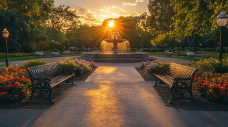 A quiet park at sunset with blooming flower beds, empty benches, and a central fountain reflecting golden lightの素材