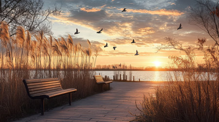 Garden park scene with tall ornamental grasses, birds fluttering near water, and empty benches under sunsetの素材