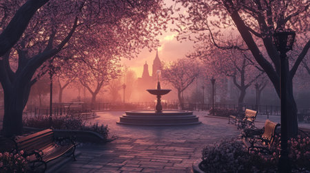 A deserted urban park with ornate benches, blooming cherry blossoms, a quiet fountain, and soft sunset skiesの素材