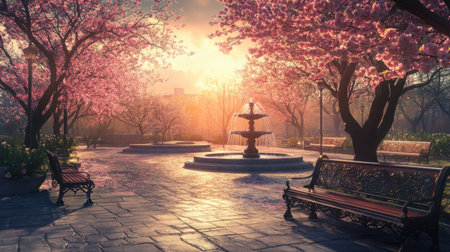 A deserted urban park with ornate benches, blooming cherry blossoms, a quiet fountain, and soft sunset skiesの素材