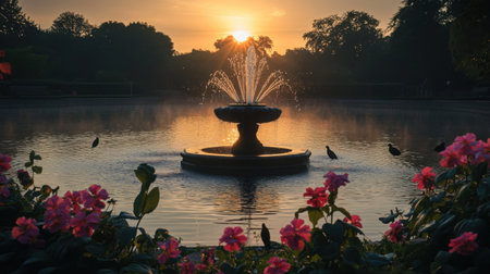 A still park pond with a fountain in the center, surrounded by blooming flowers and silhouetted birds at duskの素材