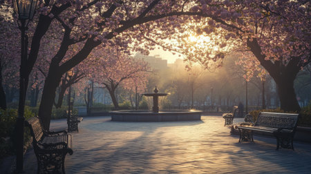 A deserted urban park with ornate benches, blooming cherry blossoms, a quiet fountain, and soft sunset skiesの素材