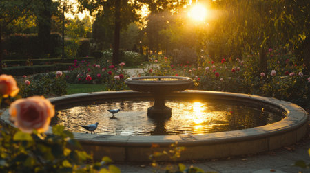 Golden-hour reflections in a circular fountain in a rose-filled park, with a few doves nearby and no peopleの素材
