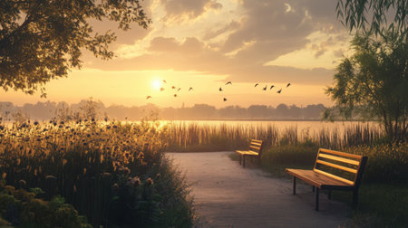 Garden park scene with tall ornamental grasses, birds fluttering near water, and empty benches under sunsetの素材