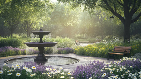 A peaceful public garden with lavender and daisies, water gently cascading in a fountain, and benches under treesの素材