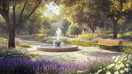 A peaceful public garden with lavender and daisies, water gently cascading in a fountain, and benches under treesの素材