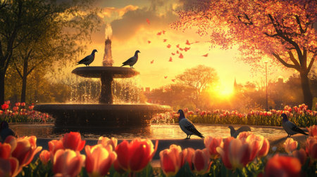 A serene park scene with pigeons near a water fountain, surrounded by tulips and trees under sunset skiesの素材
