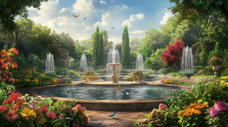 Panoramic view of a landscaped park with fountains, vibrant flowers, and a few birds in the foregroundの素材