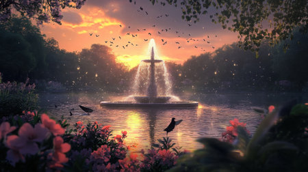 A still park pond with a fountain in the center, surrounded by blooming flowers and silhouetted birds at duskの素材